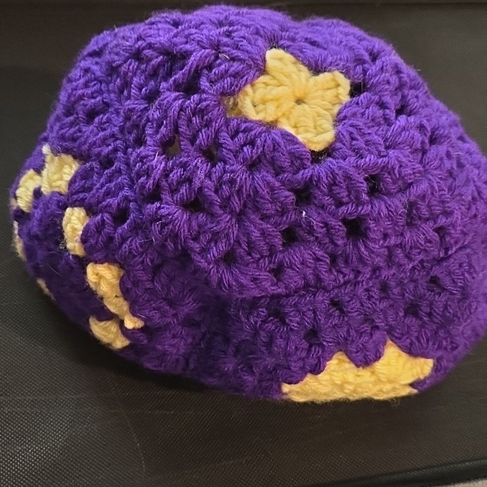 Women's Crochet Beanie Hat - Purple and Yellow